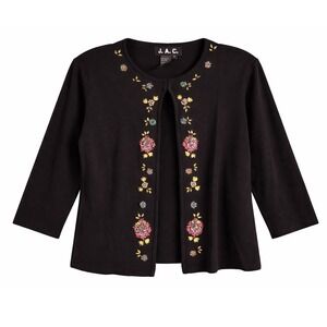 J.A.C. Vintage Black Beaded Floral Knit Cardigan‎ Open Front 3/4 Sleeve Medium